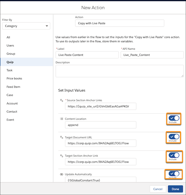 Copy with Live Paste flow with selected fields highlighted