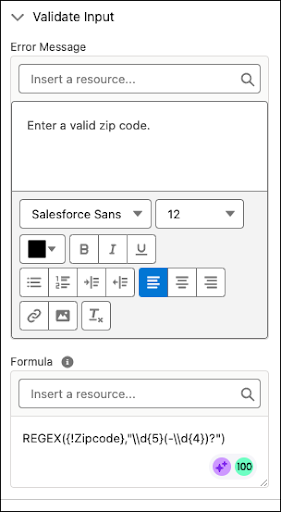 The Validate Input section of a file upload component showing the formula that validates that at least one file was uploaded and the custom error message "Upload at least 1 document." entered in the Error Message section.