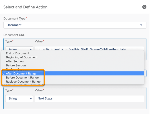 Edit Document document range options highlighted