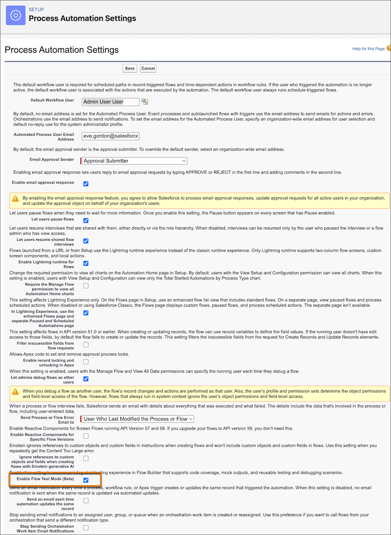 Página Configuración de automatización de procesos en Configuración con Activar modo de prueba resaltado