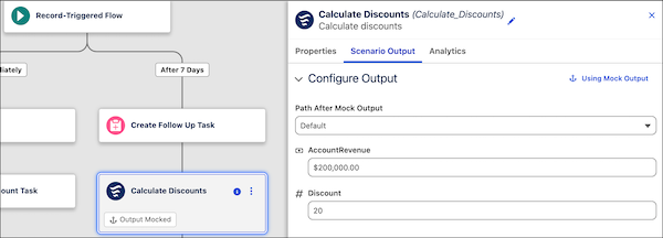 Panel de propiedades del elemento Acción en modo Prueba, con la ficha Salida de escenario seleccionada y un campo de salida mostrando un valor JSON.