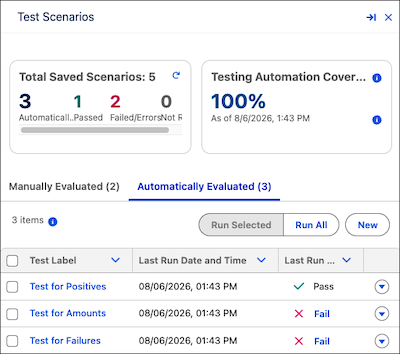 Fanen Automatisk evaluerte testscenarier med liste over testscenarier