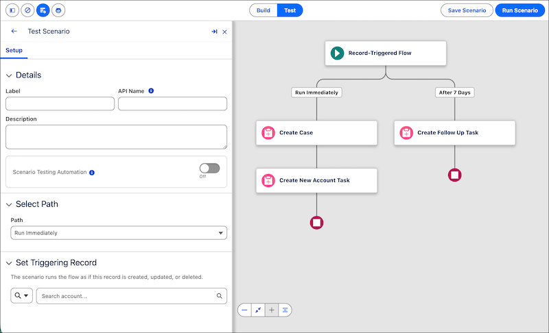 Testmodus geopend met configuratiedeelvenster voor testscenario's