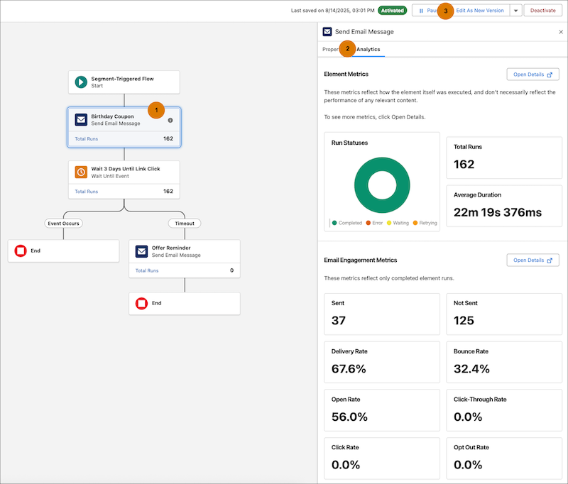 Flow Builder-arbetsyta som visar elementanalys öppna i sidopanelen