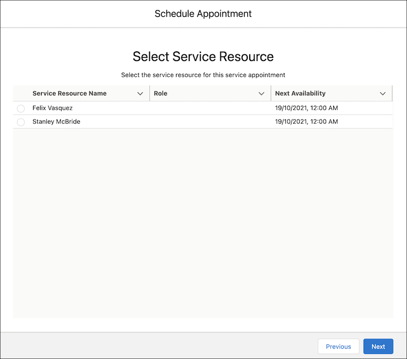 Bild des Bildschirms, über den Benutzer eine Serviceressource auswählen können.