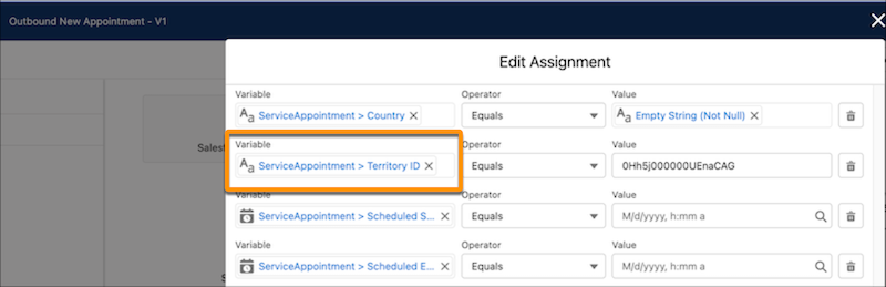 An image of the Edit Assignment dialog box with the Territory ID variable and its value.