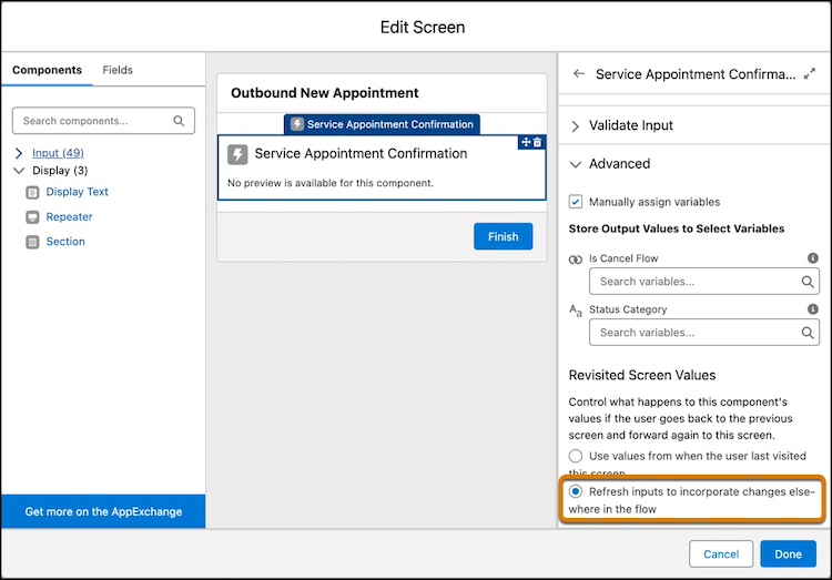 Advanced section for a flow screen component