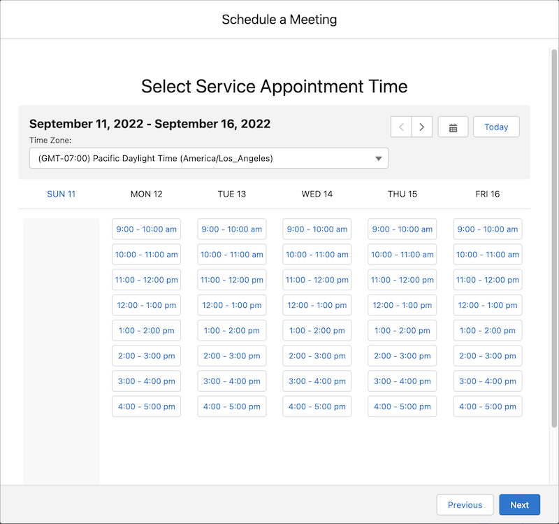 The Select Service Appointment Time screen after creating an event with the Show Time As field set to Free.