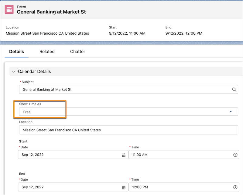 The appointment event page with the Show Time As field value set to Free.