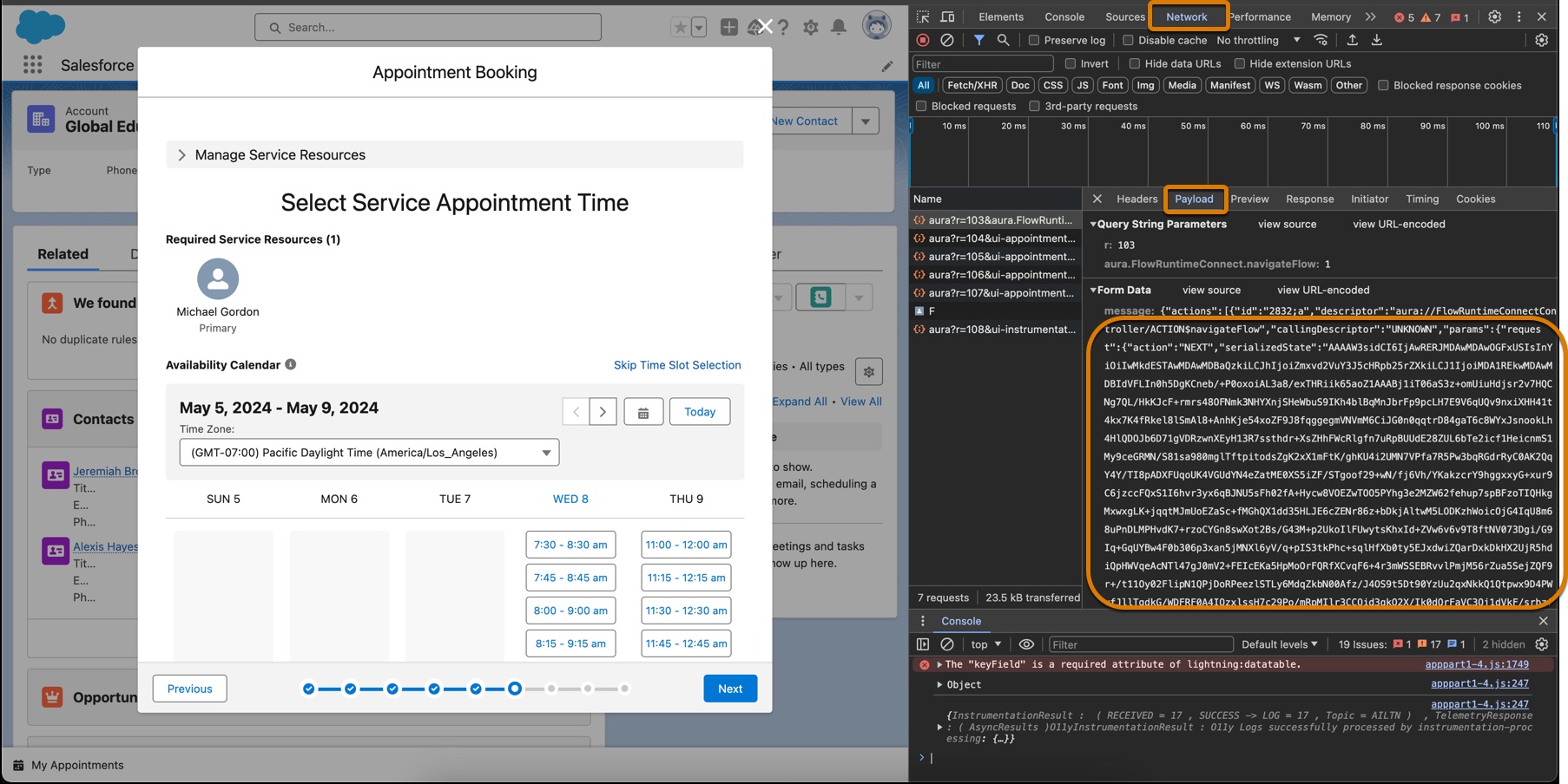 Browser context Inspect element showing getappointmentslots API payload