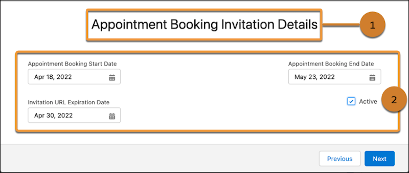 Schermata Dettagli invito per la prenotazione appuntamento con gli elementi dell'interfaccia utente evidenziati e numerati.