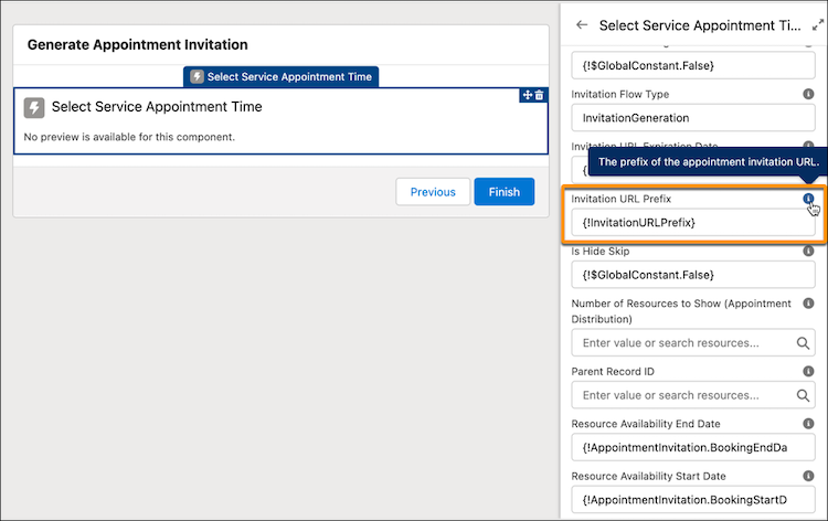 Attributo prefisso URL di invito in un flusso