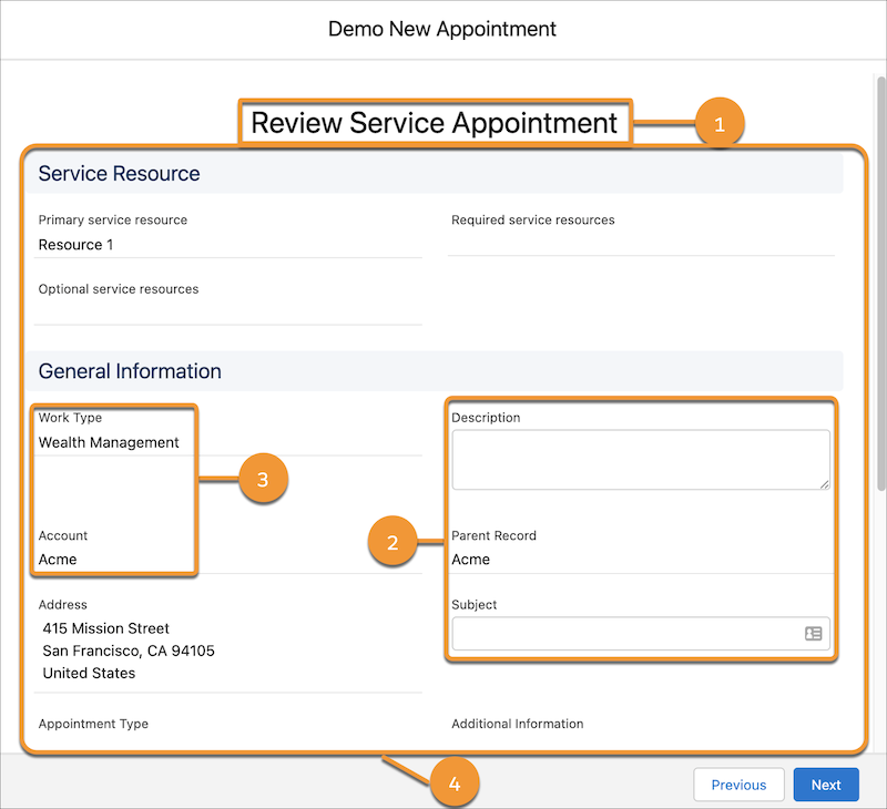 Het scherm Serviceafspraak beoordelen met elementen van de gebruikersinterface gemarkeerd en genummerd.