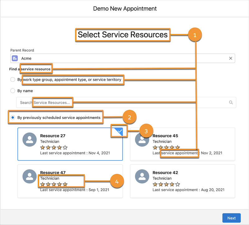 The Select Service Resources screen with UI elements highlighted and numbered.