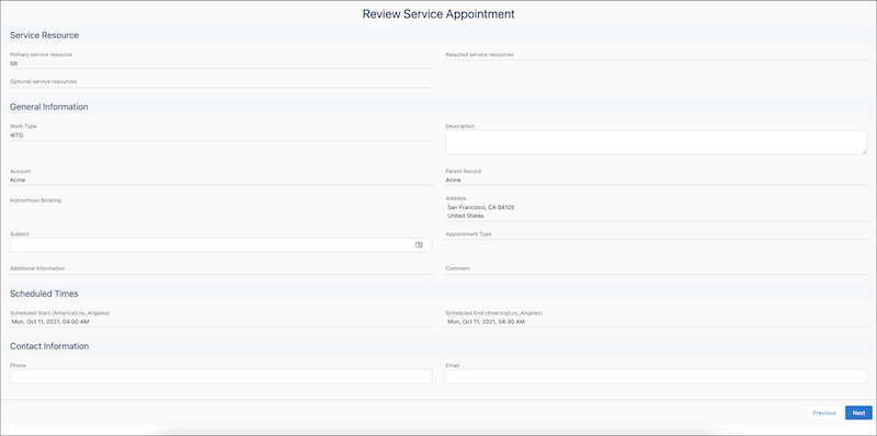 Image of the screen that enables licensed users and community users to view and modify a service appointment.