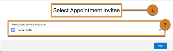 L'écran Sélectionner un invité au rendez-vous, avec des éléments de l'interface utilisateur entourés et numérotés.