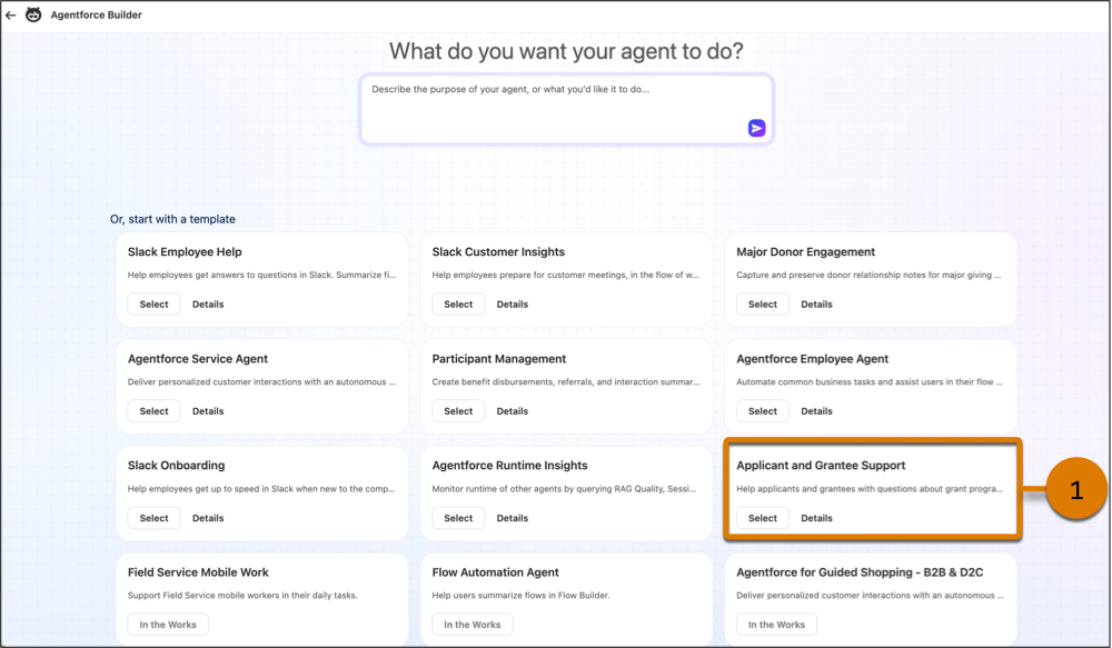 Agentforce Builder studio with Applicant and Grantee Support agent template highlighted.