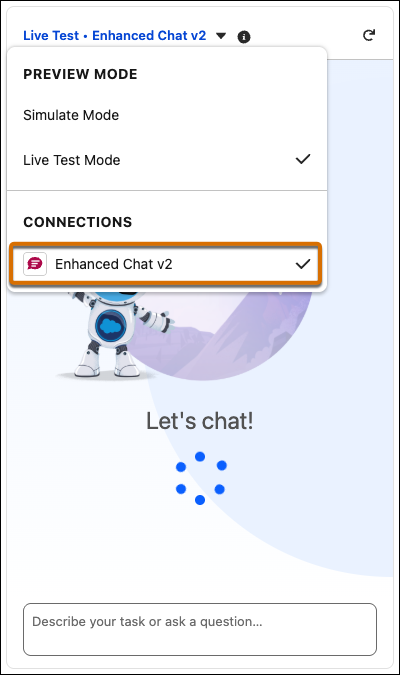 A preview conversation with the Enhaced Chat v2 connection selected