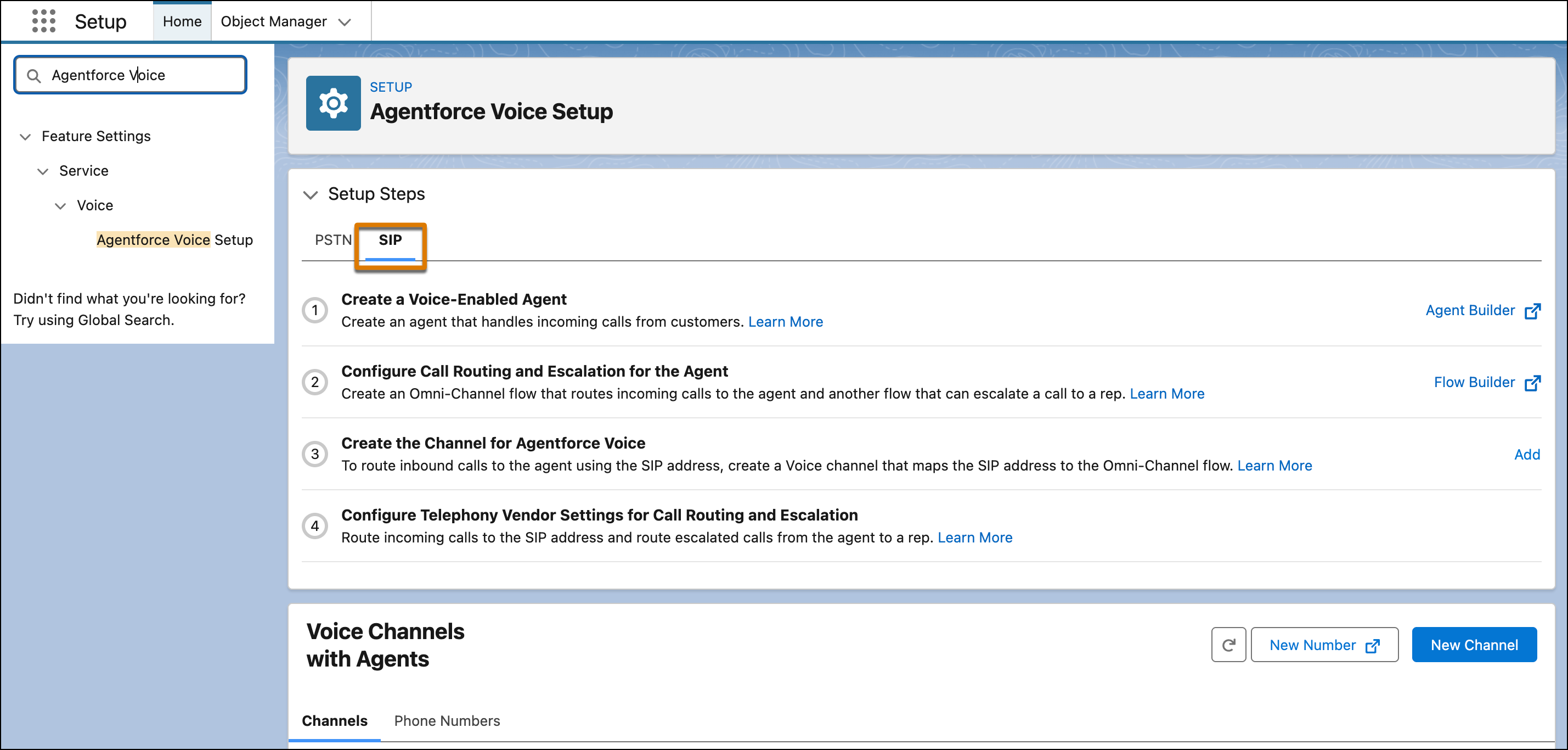 The SIP tab shows the steps for configuring Agentforce Voice with SIP.