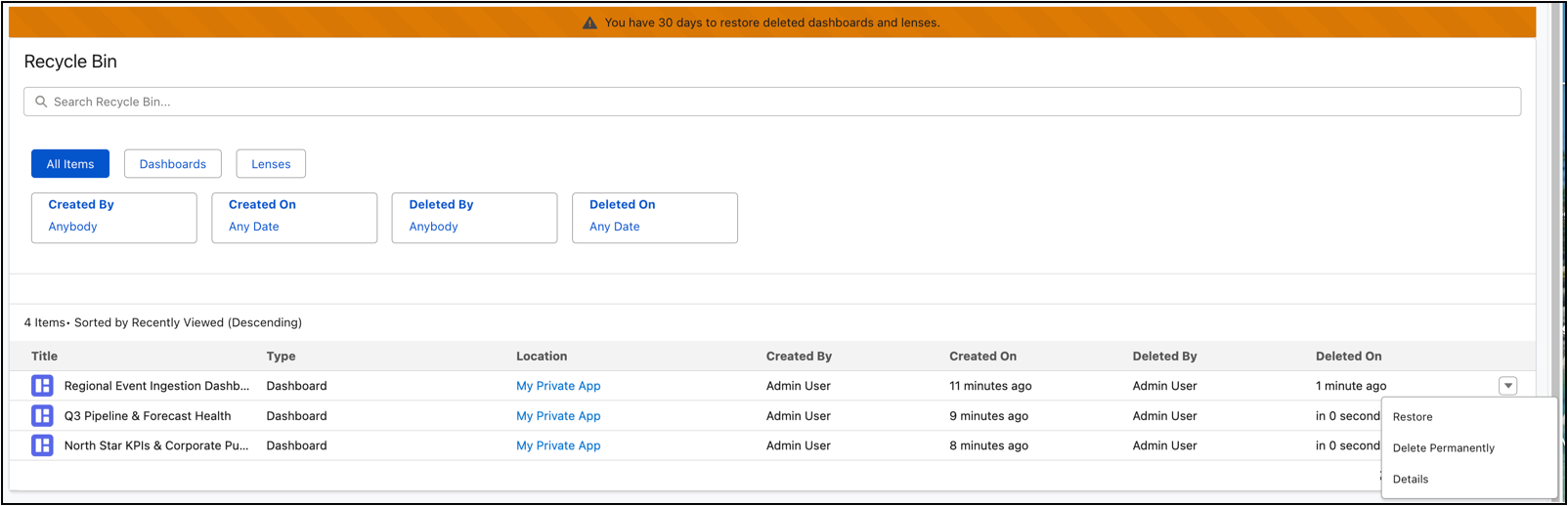 Manage deleted assets in Recycle Bin