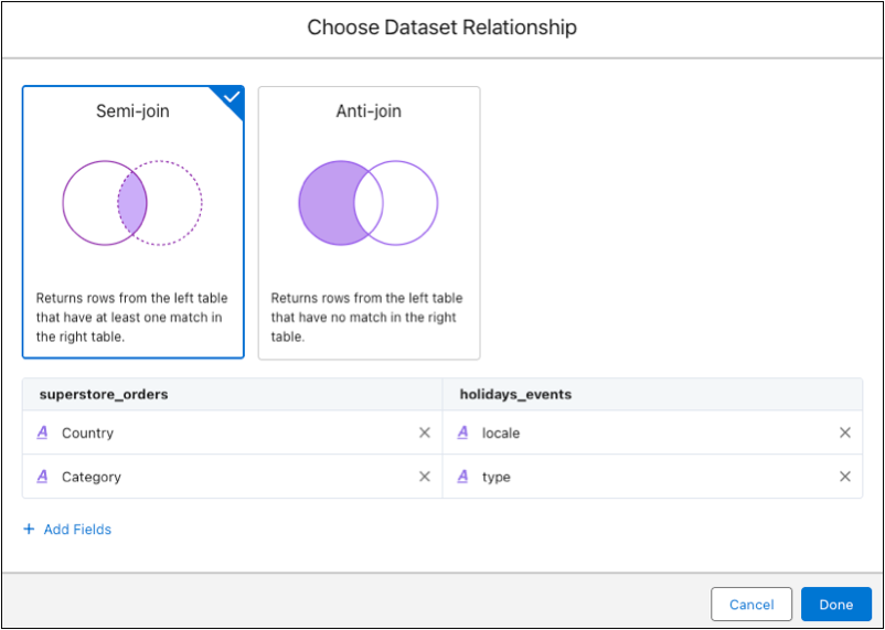 Selecting a join type and matching fields.