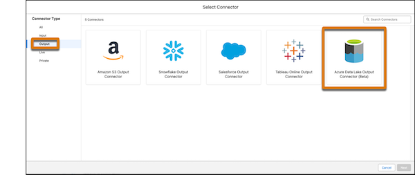 The Azure Data Lake output connector in the Create connector window.