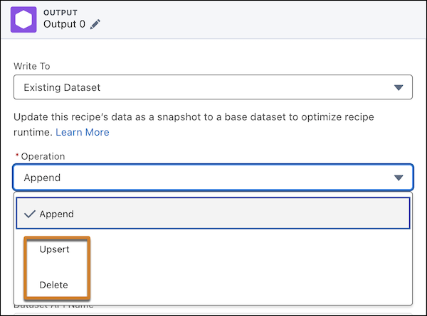 Use the upsert and delete operations for optimized writing to an existing dataset.