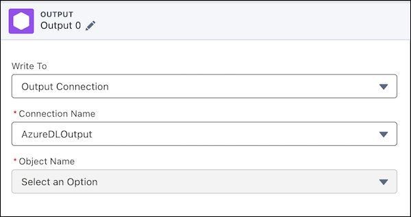 The Output Connection with the Azure Data Lake connection name for the output node.