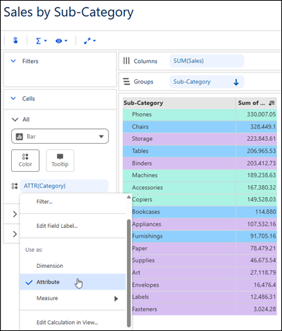 Dimension as an attribute in a Tableau Next table