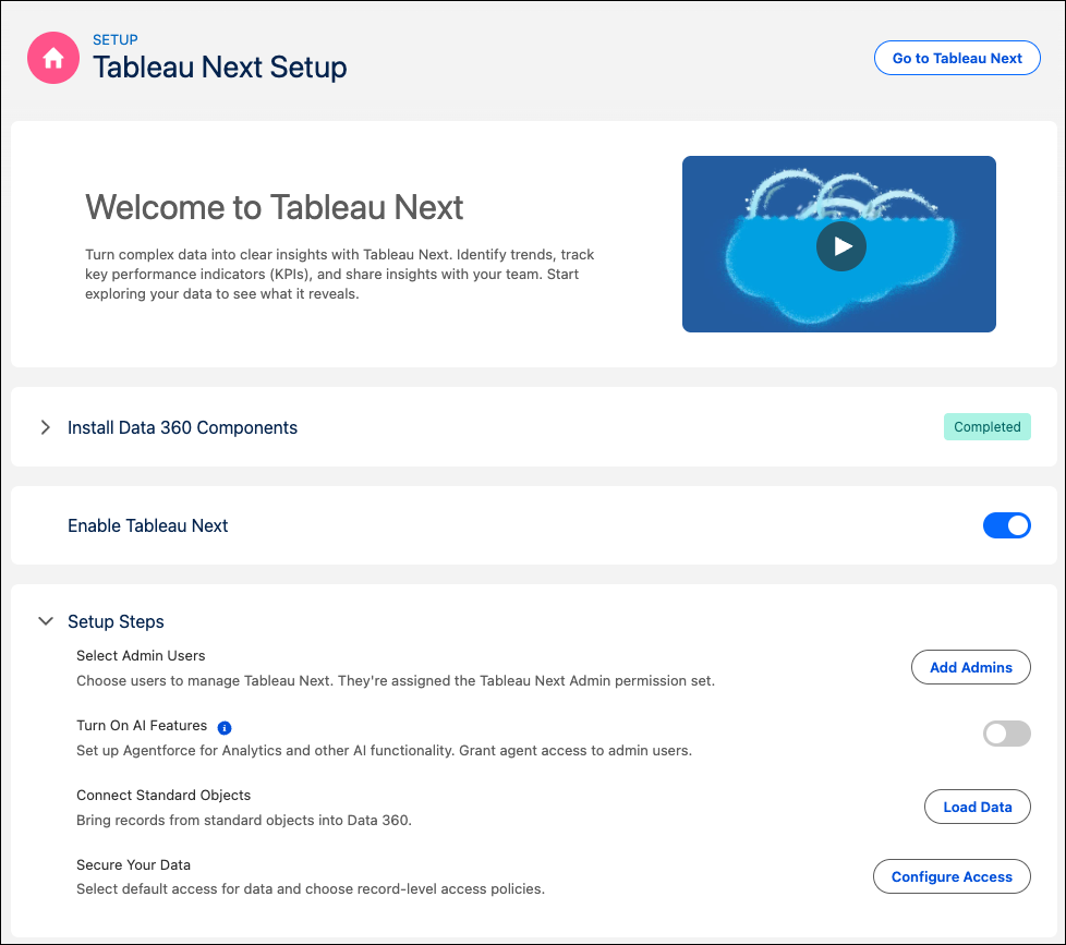 Tableau Next Setup with numbered steps.