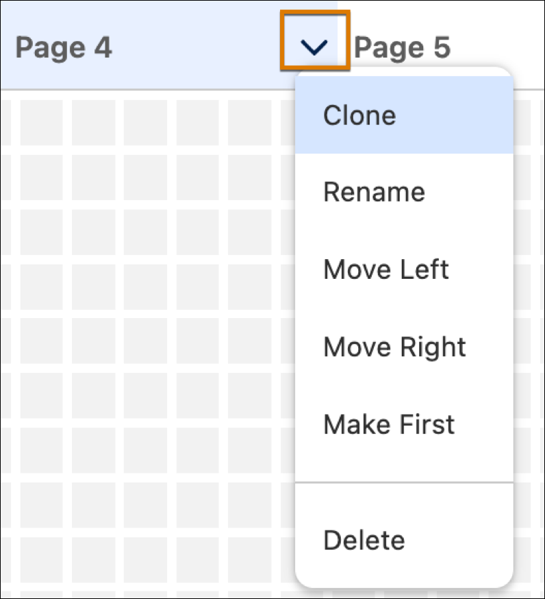 Page action menu with page controls.