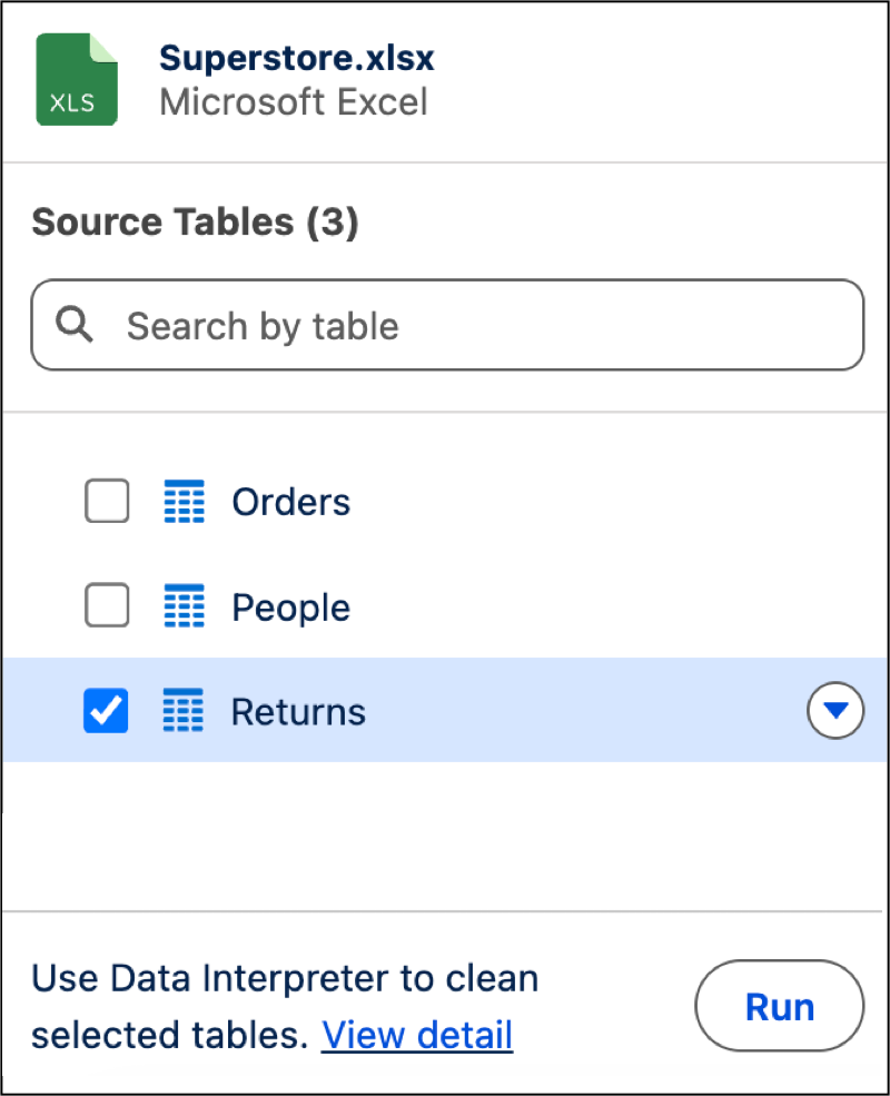 Selecting a source table for the data interpreter.