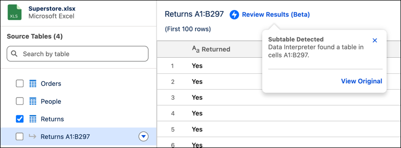 Selecting a source table for the data interpreter.