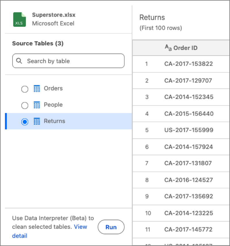 Selecting a source table for the data interpreter.