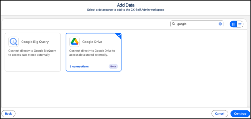 Searching for the Google Drive connector in the Connectors Catalog.
