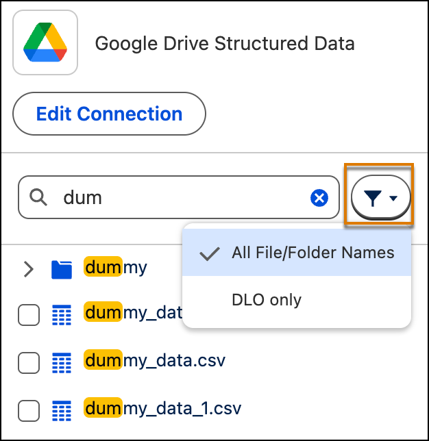 Searching for a file through a Google drive connection.