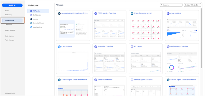 The Tableau Next Marketplace displaying all asset types.