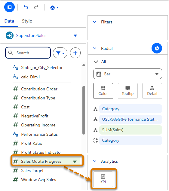 Adding a field as a KPI to a Tableau Next radial chart