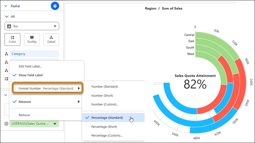 Applying formatting to a KPI in a radial chart