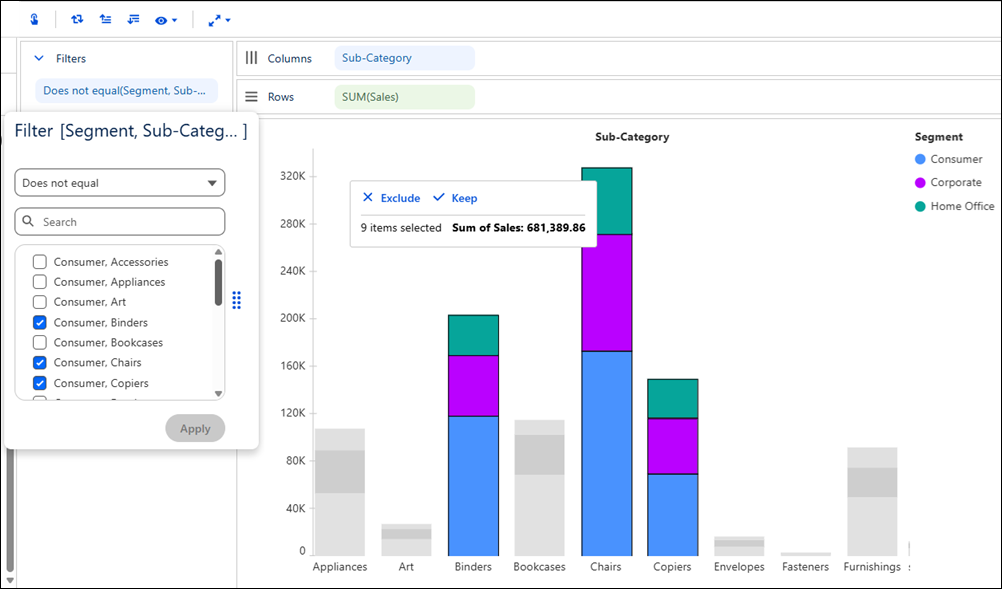 Applying multiple filters in Tableau Next visualizations