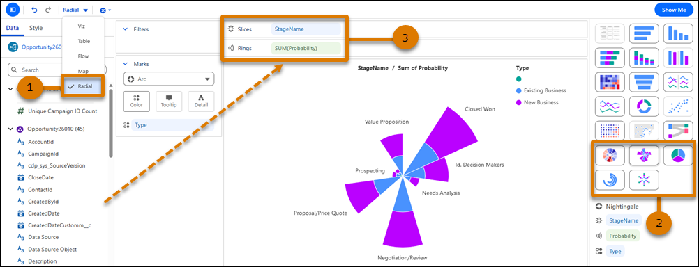Steps to create nightingale chart map with radial layout in Tableau Next