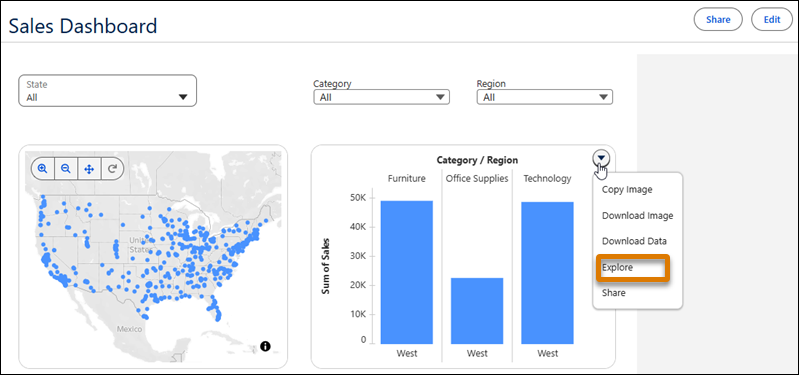 Explore button in a dashboard visualization’s context menu