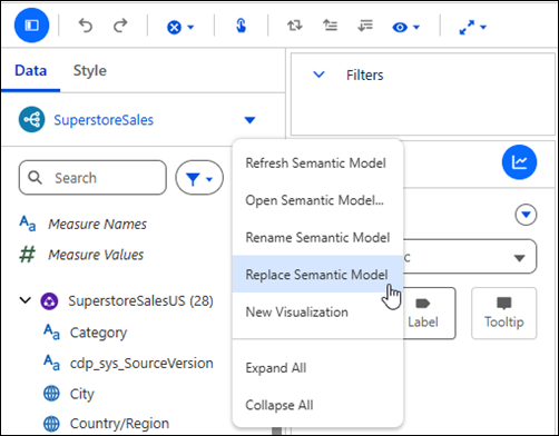 Replace Semantic model button in a visualization’s model’s context menu