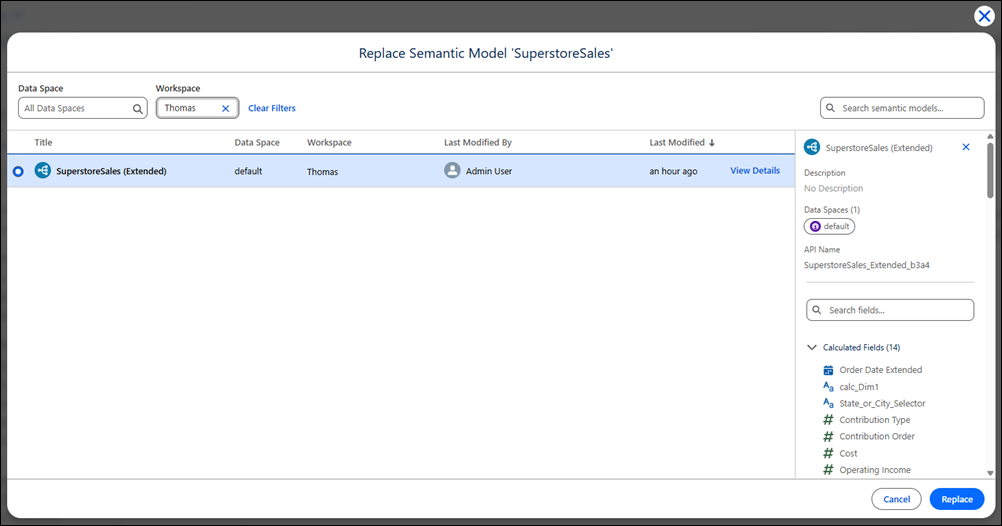 Replace a semantic model with its extension in Tableau Next
