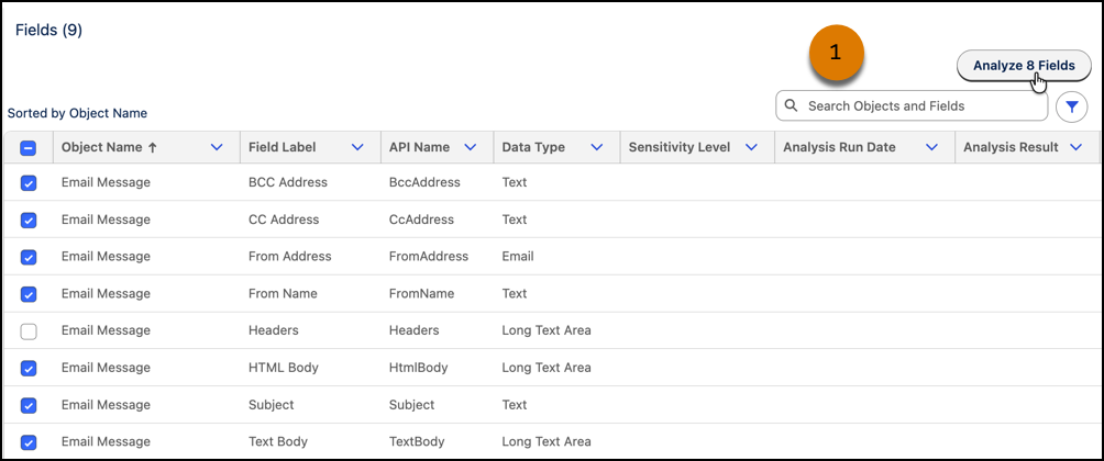 Select fields and then analyze them in the Shield app.