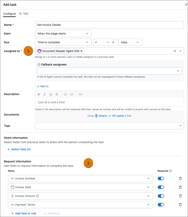 Assigning the agent and adding fields