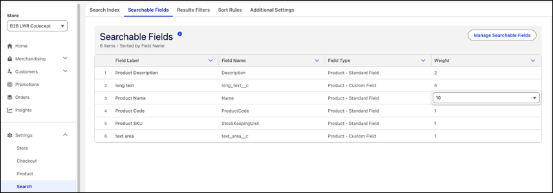 Assigning weights to fields on the Searchable Fields page