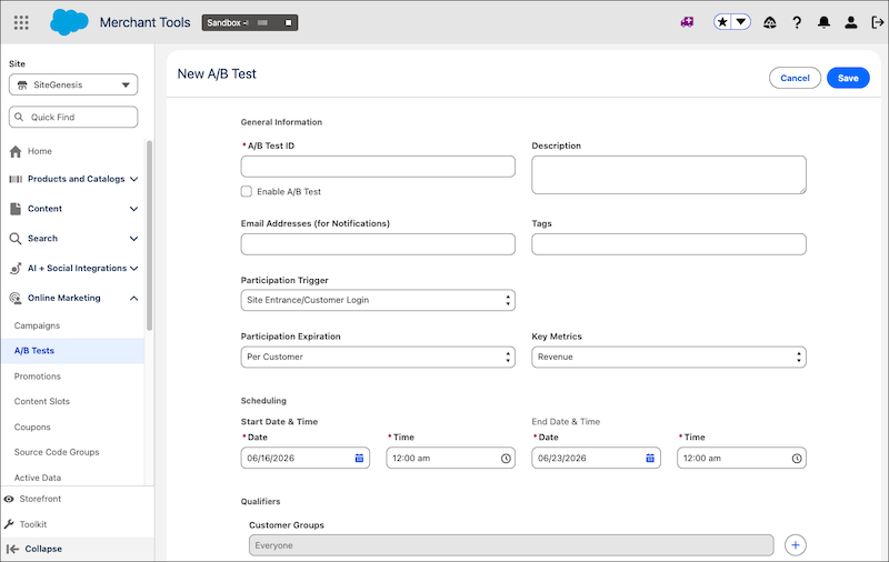 New A/B Test page in Business Manager