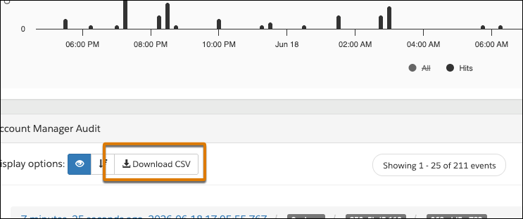 The Download CSV button on the Account Manager Audit page in Log Center.