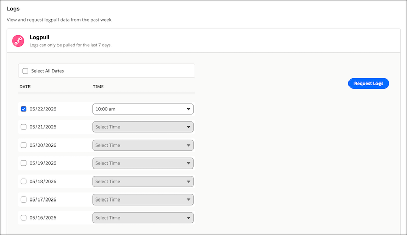 Logpull interface in the Logs tab